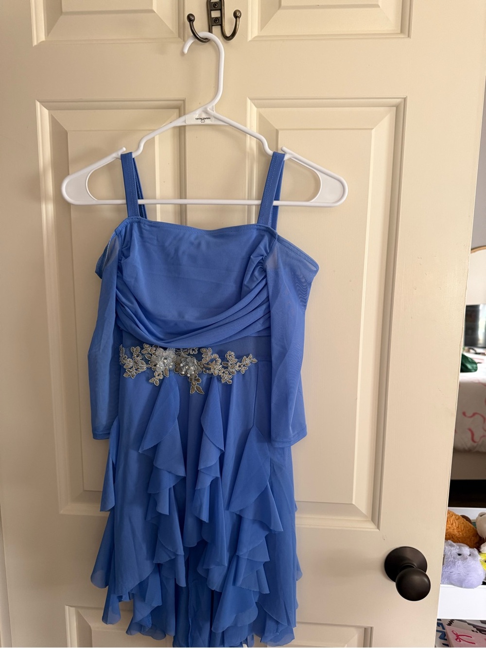 Weissman Blue Ruffled Chiffon Dress with Floral Appliqué